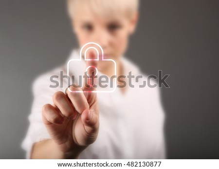Security concept - business woman and padlock sign in color