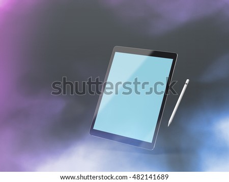 The template in the form of a black tablet mockup on colour background with a stylus. Clipping path included. 3d render image.