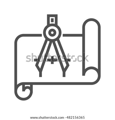 Blueprint with Compass Thin Line Vector Icon Isolated on the White Background.