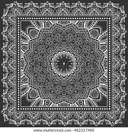Abstract graphic lace mandala background, square geometric lace pattern with ornate frame, tribal ethnic ornament. Bandanna shawl fabric print, silk neck scarf or kerchief design, vector illustration.