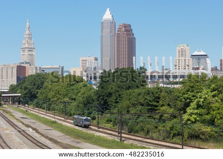 A view of the Cleveland skyline featuring the tallest buildings in downtown as seen from slightly southeast of the city center. 