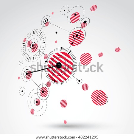 Bauhaus art dimensional composition, perspective red modular vector wallpaper with circles and grid. Retro style pattern, graphic backdrop for use as booklet cover template.