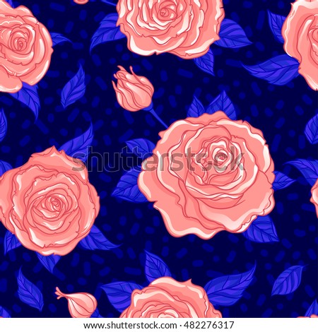 Red Roses over deep blue background. Seamless elegant vintage floral pattern. Design for  fabric, textile, wrapping paper, wallpaper, wedding concept. Retro hand drawn ornament.  