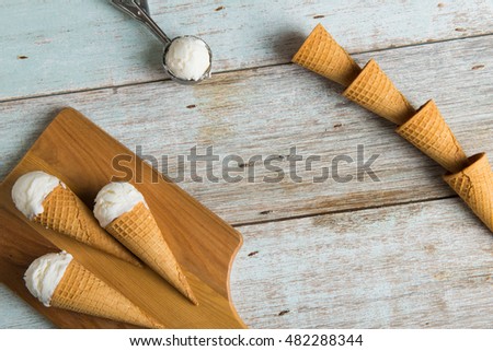 vanilla ice cream with preparation, top down view

