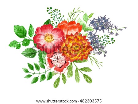 Bouquet of flowers and leaves, floral watercolor painting on isolate backgrounds.