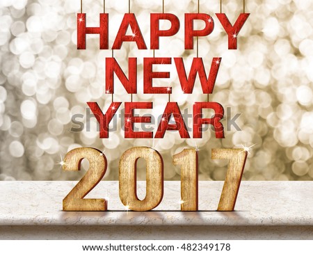 Happy New Year 2017 wood texture on marble table with sparkling bokeh wall,Holiday concept. Royalty-Free Stock Photo #482349178