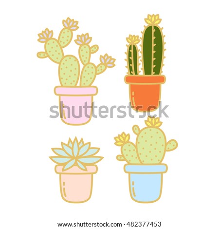 sets of four cute cartoon cactus and succulent in pots on white background. can be used like pin template or stickers