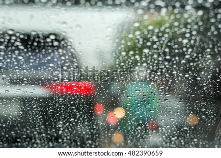View from inside car while raining and traffic jams.
