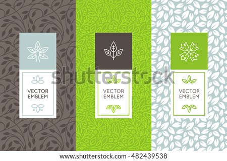 Vector set of packaging design templates, seamless patterns and frames with copy space for text for cosmetics, beauty products, organic and healthy food with leaves and flowers - modern ornaments  Royalty-Free Stock Photo #482439538