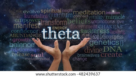 Theta Brainwaves Meditation Word Cloud - female hands reaching up to the word THETA surrounded by relevant words on a dark blue night sky space background with stars and planets Royalty-Free Stock Photo #482439637