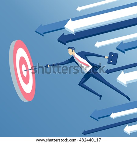 businessman with a rapier jumps and hits the target, business concept goal and win