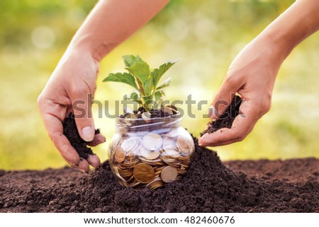 Working hands covering jar full of coins with soil,savings concept