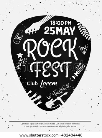 Vintage rock festival poster with Rock and Roll icons on grunge background. Vector format