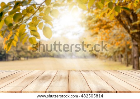 Empty wooden table with autumn for a catering or food background with a country outdoor theme,Template mock up for display of product