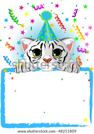 Adorable Baby White Tiger Wearing A Party Hat, Looking Over A Blank Starry Sign With Colorful Confetti