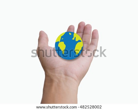 Hand holding global on white background