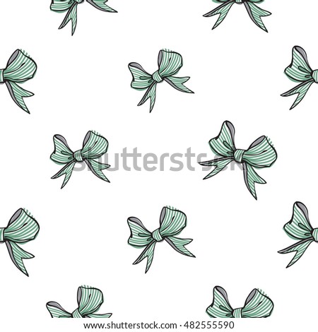 Seamless pattern background with small green stripped bow. Vector backdrop for holiday decorating greeting cards for wedding, bridal, birthday, Valentine's day, new year, Christmas.