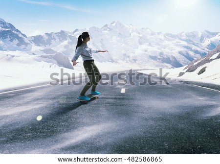 Girl ride skateboard . Mixed media
