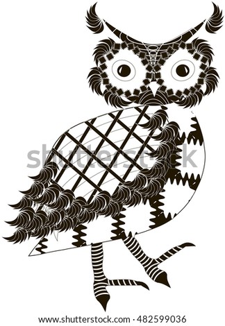 Stylized black and white owl, hand drawn, vector illustration
