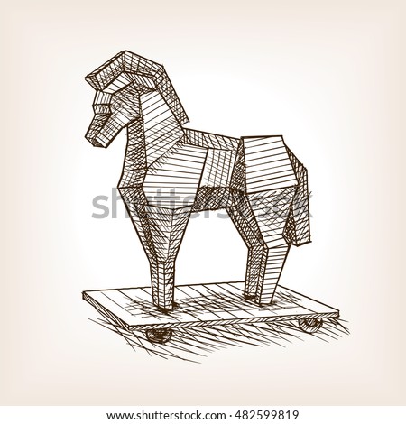 Trojan horse sketch style vector illustration. Historical object. Old hand drawn engraving imitation.