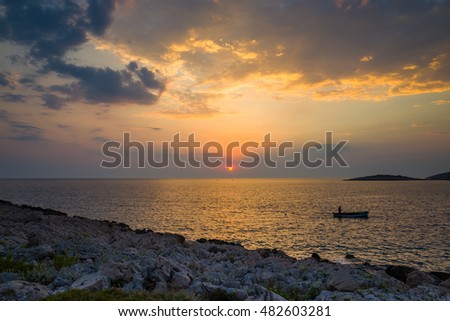 Seascape Razanj Croatia Europe. Beautiful nature and landscape photo of Adriatic Sea in Dalmatia. Lovely warm summer evening at sunset. Nice colorful image of coastline and ocean.Calm, happy, joyful.
