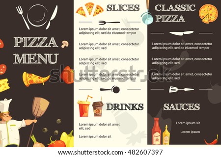 Menu template for restaurant and pizzeria with different kinds of pizza sauces and drinks information vector illustration