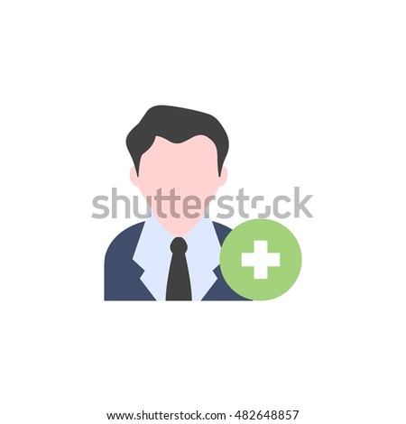 Businessman with plus sign icon in flat color style. Business office team add join recruit