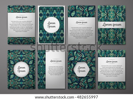Flyers template set with complicated abstract ornament pattern. Vector greeting card design. Front page and back page.
