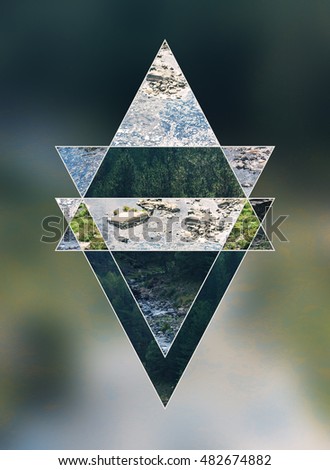 Image of the forest, mountains and the sacred geometry symbol, collage
