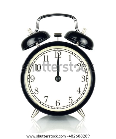 Alarm Clock isolated on white, in black and white, showing twelve o'clock.