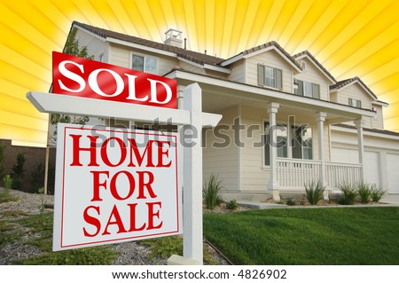 Sold Home For Sale sign, Yellow Star-burst Background. See my theme variations.