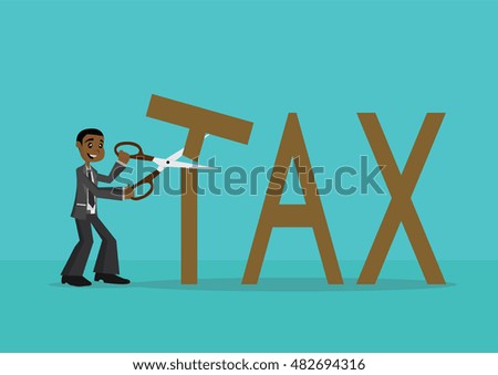 Cartoon character, African businessman hold scissors cut tax., vector eps10