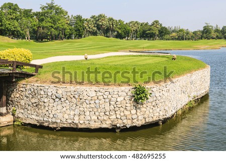 green golf field with palms over cloudy sky background