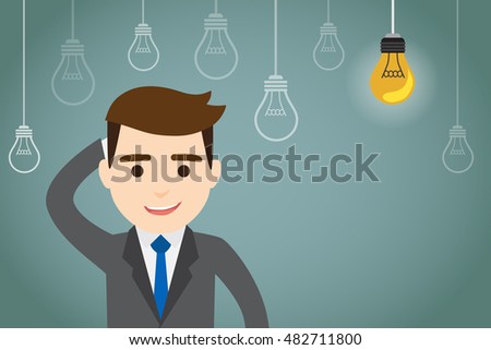 A businessman surrounded by bulbs. Idea concept. Vector Illustrator