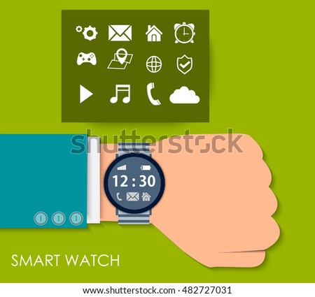 Smart Watch. Vector flat illustration of businessman's hand with electronic intelligence smart watch and technology functions - vector illustration