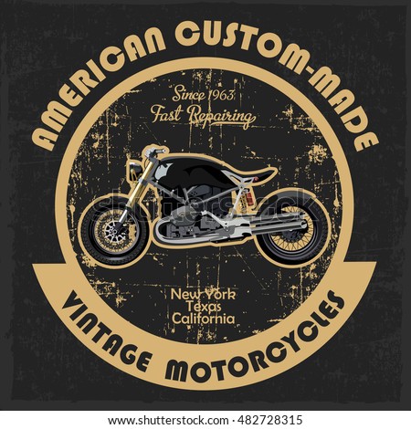 Hand drawn motorcycle on dusty vintage background in the circle, t-shirt design