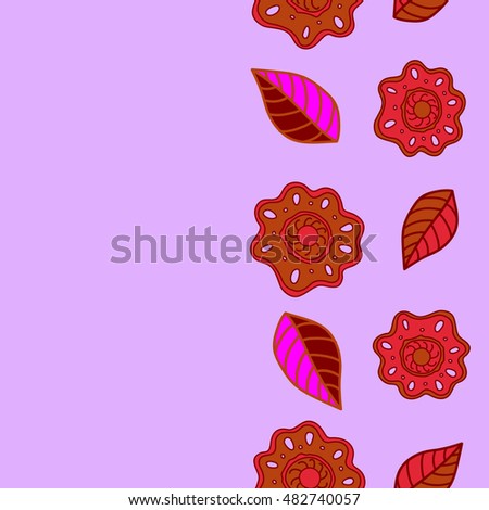 Vector seamless pattern of vertical stylized floral motif, hole, spots, flowers, doodles on colored background with copy space. Hand drawn. Vertical seamless floral background.