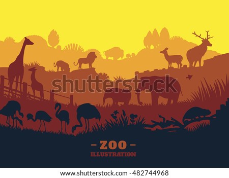 Zoo world illustration background, colored silhouettes elements, flat Royalty-Free Stock Photo #482744968