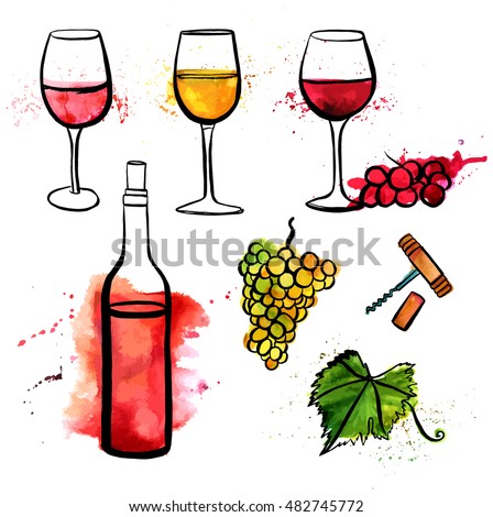 A set of vector and watercolor freehand drawings of glasses of red, white, and rose wine, with grapes and splashes of paint, bottle, corkscrew, and vine leaf, on white background