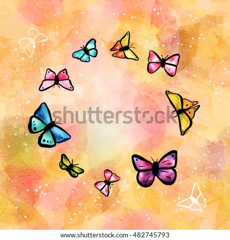 A border of freehand watercolour butterflies, turquoise, pink, purple, and yellow, on a warm yellow background of skeleton leaves, with copyspace and splashes of paint. Scalable vector drawing