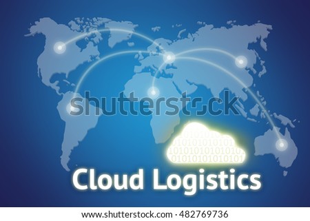 Cloud logistics concept , Transportation integration concept , text , binary coded icon and world map connection with blue background