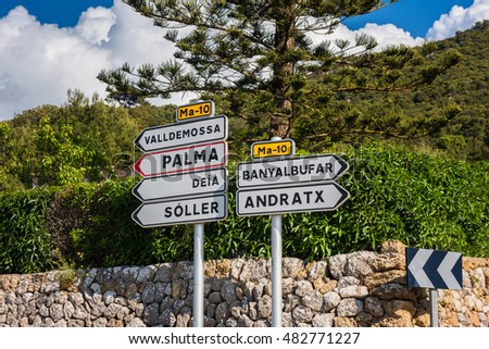 Directional Signs near Valldemosa, Majorca, Balearic Islands, Spain.