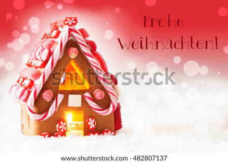 Gingerbread House, Red Background, Text Frohe Weihnachten Means Merry Christmas