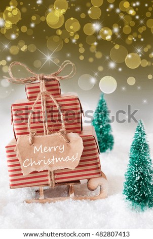 Vertical Sleigh On Golden Background, Text Merry Christmas