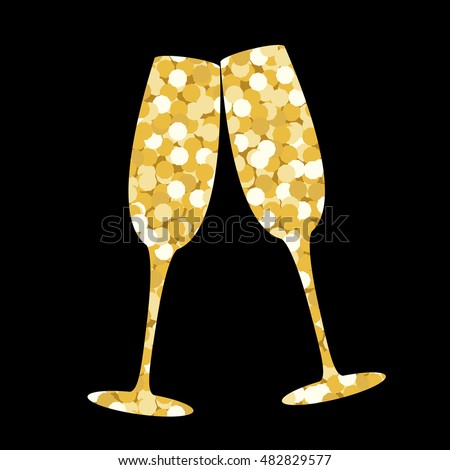 Two champagne glasses made of golden sequins on a black backdrop