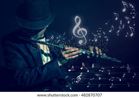 Flute music playing flutist musician performer with music notes on black background, musical instrument