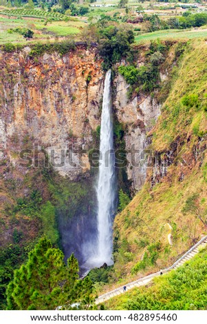 The Sipisopiso waterfall seen from the eastern rim of the Lake Toba crater, North Sumatra, Indonesia