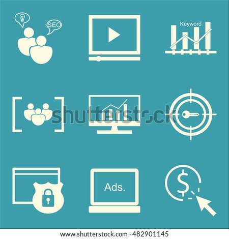 Set Of SEO, Marketing And Advertising Icons On Comprehensive Analytics, Target Keywords, Pay Per Click And More. Premium Quality EPS10 Vector Illustration For Mobile, App, UI Design.