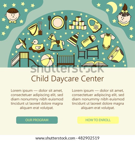 Child and baby day care center web or card template with kindergarten vector logo. Diaper, sandpit, slide, horse, ball, bottle, crib, pacifier.