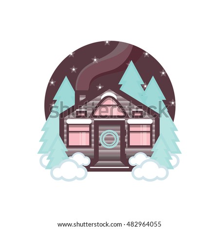 Vector element for design. Illustration of winter flat house, mountain cabin, cartoon landscape with snow, drift, pine tree, Christmas tree, night sky, stars. 